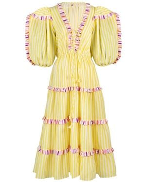 Celiab Striped Ruffled-Detail Midi Dress - Yellow
