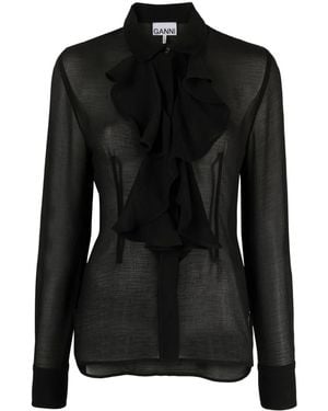 Ganni Ruffled Chiffon Shirt - Black