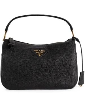 Prada Small Logo-Plaque Leather Shoulder Bag - Black