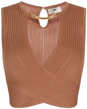 Elisabetta Franchi Ribbed-Knit Wrap-Front Top - Brown