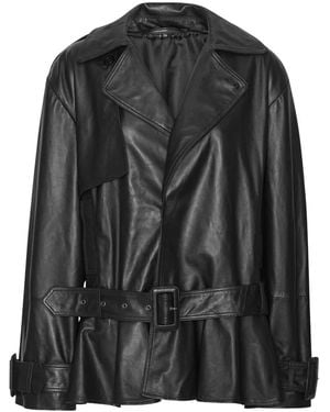 ROTATE BIRGER CHRISTENSEN Belted Ruffle Leather Jacket - Black