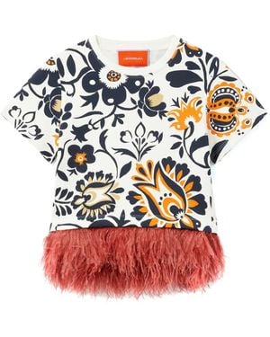 La DoubleJ La Scala Feather-Trimmed Floral-Print T-Shirt - Red