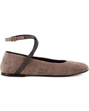 Brunello Cucinelli Crossover Strap Suede Flat Pumps - White