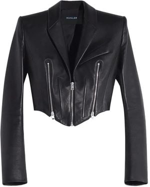 Mugler Zip-detail cropped leather jacket - Schwarz