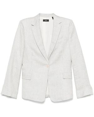 Theory Linen Blend Houndstooth Blazer With Side Flap Pockets - White