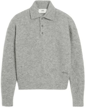 Ami Paris Logo-Embroidered Polo Shirt - Grey