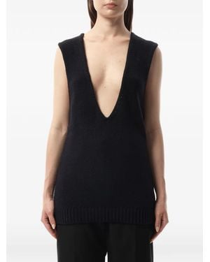 Lanvin Plunging V-Neck Ribbed-Trim Sweater - Black