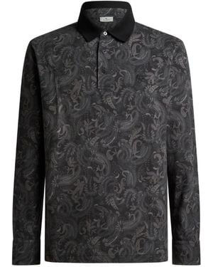 Etro Paisley-Print Long-Sleeve Polo Shirt - Black