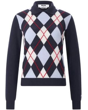 MSGM Argyle Polo-Collar Jumper - Blue