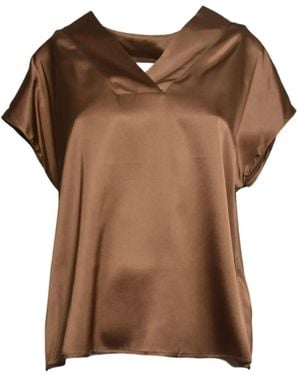SOLOTRE Satin-Finish V-Neck Blouse - Brown