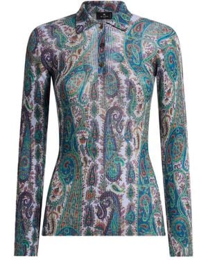 Etro Ribbed Wool Polo Shirt With Leafy Paisley Motif - Blue