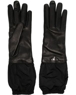 Prada Enamel-Logo Leather Gloves - Black