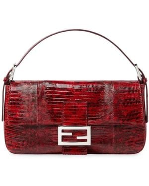 Fendi Baguette Lizard-Effect Leather Shoulder Bag - Red