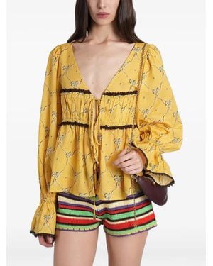 Siedres Bow-Print Ruffled Top - Yellow