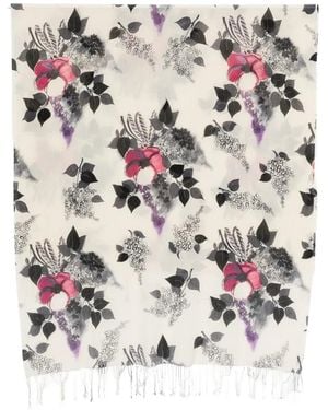Roberto Cavalli Floral-Print Fringed Scarf - White