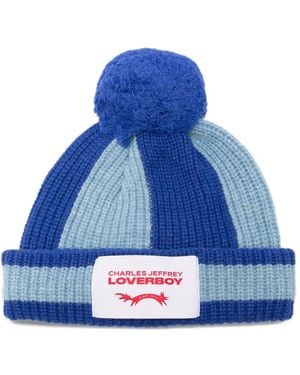 Charles Jeffrey Striped Pompom Beanie Hat - Blue