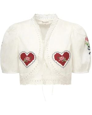 For Love & Lemons Katoenen Top Met Pofmouwen En Borduurwerk - Wit