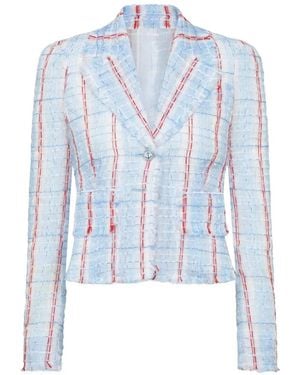 Thom Browne Striped Frayed Tweed Jacket - Blue