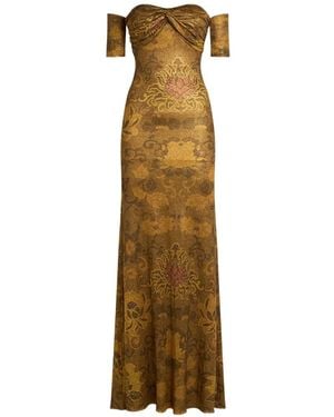 Etro Long Metallic Jersey Dress With Open Shoulders And Floral Motif - Natural