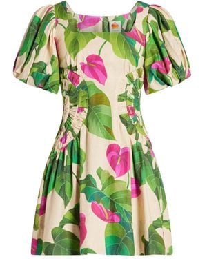 FARM Rio Puff-Sleeve Floral-Print Mini Dress - Green
