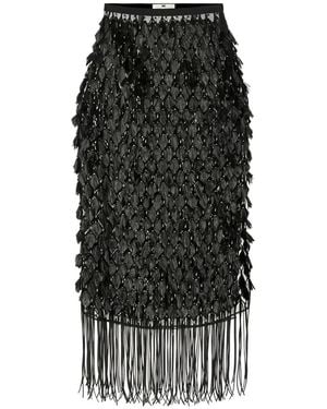 Elisabetta Franchi Skirt With 3D Embroideries And Fringes - Black