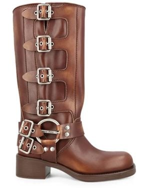 Miu Miu Buckle-Detail Leather Boots - Brown