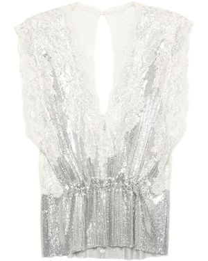 Rabanne Lace-Insert Mesh Gathered-Waist Top - White