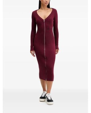 KARL LAGERFELD Zip-Fastening Ribbed Midi Dress - Red