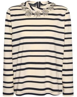 Elena Miro Striped Floral-Embroidery Top - White