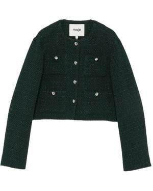 Maje Checked Cropped Tweed Jacket - Green
