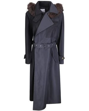 Sacai Fur-Trim Belted Coat - Blue