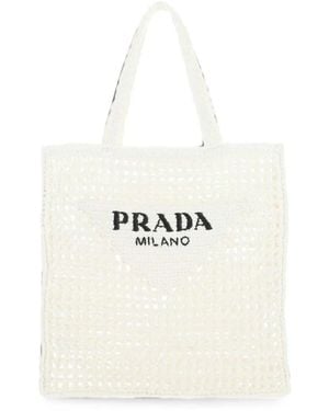 Prada Logo-Embroidered Raffia Tote Bag - White