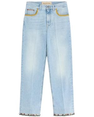 Valentino Garavani Floral-Hem Faded Jeans - Blue