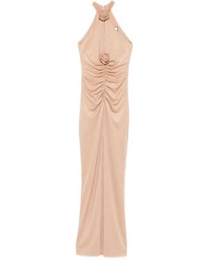 Nissa Rose-Embellished Ruched Maxi Evening Dress - White