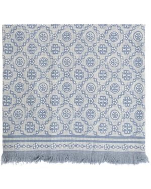 Tory Burch T-monogram fringed scarf - Blau