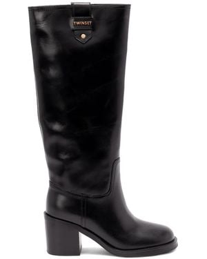 Twinset Logo-Plaque Block-Heel Boots - Black