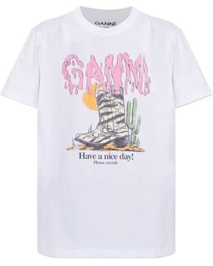 Ganni Printed Cotton T-Shirt - White