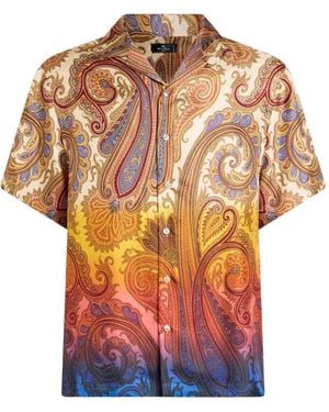 Etro Silk Bowling Shirt With Placed Degradé Paisley Print - White