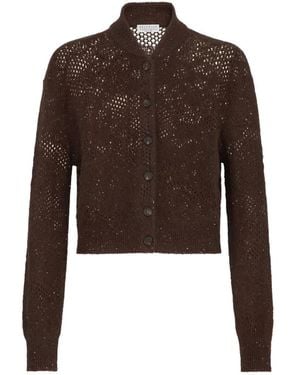 Brunello Cucinelli Cardigan À Fleurs En Dentelle En Mohair Scintillant Et Laine Vierge - Brown