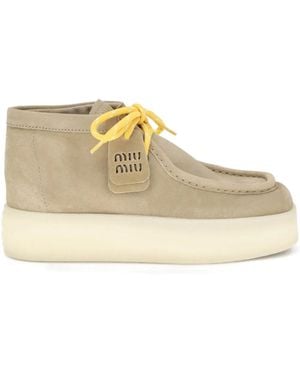Miu Miu Platform Suede Lace-Up Boots - Natural