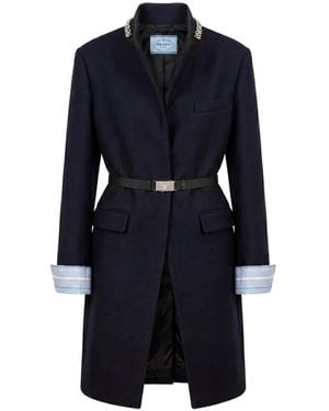 Prada Crystal-Embellished Belted Coat - Blue
