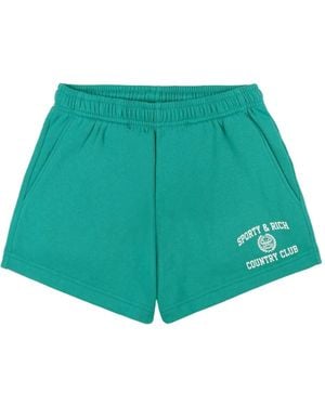 Sporty & Rich Varsity Logo-Print Elasticed-Waistband Shorts - Green