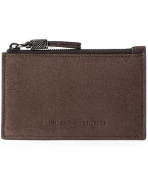 Brunello Cucinelli Suede Card Case With Shiny Zipper Pull - Brown