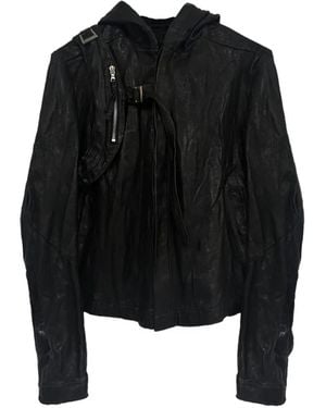 SAN263-1 Embroidered Hooded Leather Jacket - Black