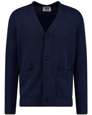Alpha Studio Ribbed-Trim Button-Up Cardigan - Blue
