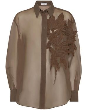 Brunello Cucinelli Crispy Silk Floral-Appliqué Shirt - Brown