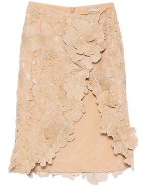Elie Saab Floral-Appliqué Midi Skirt - Natural