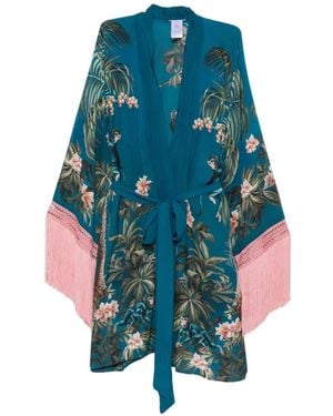 Mazzei Fringe-Trimmed Floral-Print Oversized Coat - Blue