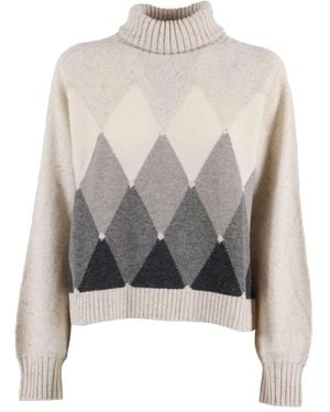 Ballantyne Turtleneck Diamond-Pattern Jumper - Grey