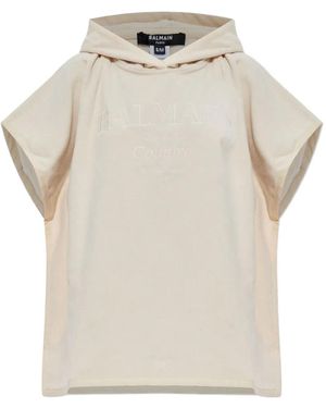 Balmain Hooded Logo Poncho - Natural